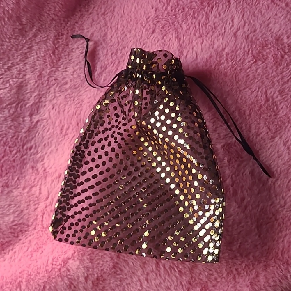 ✅️15 ct  6x8 Sheer Organza Gift Bags with Drawstring  - Polka Dot - Black/Gold